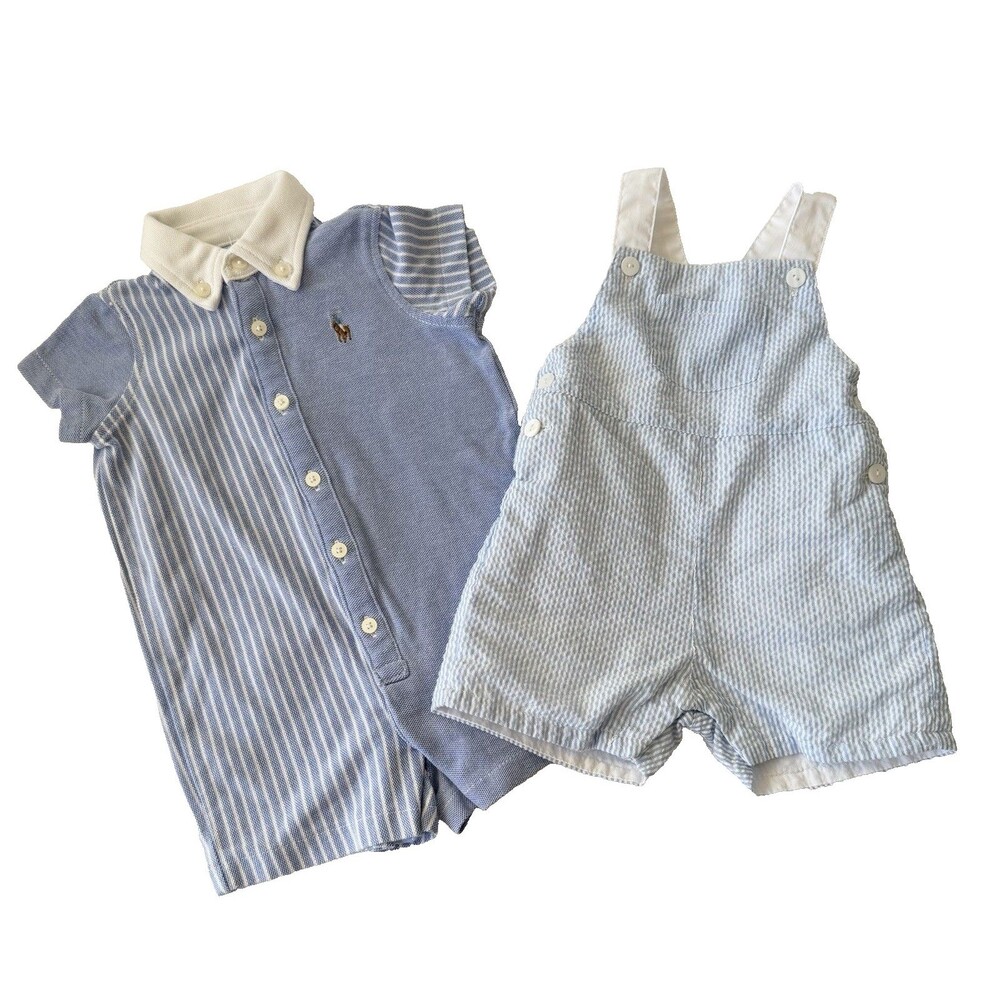 Infant boy 0-3 mo Ralph Lauren Romper Blue & 3 Edgehill Coverall Light Blue Lot